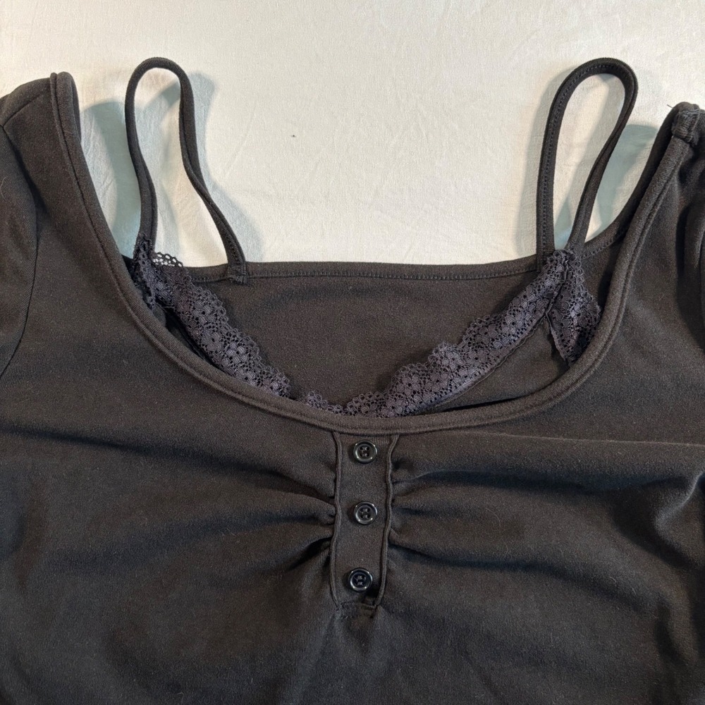 Dazy Black Lace Trim Layered Cami Long Sleeve Crop Top XL whimsy goth - Picture 3 of 9